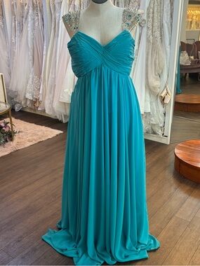 Elegant Teal Prom Dress with Embellished Cap Sleeves Sheer Back